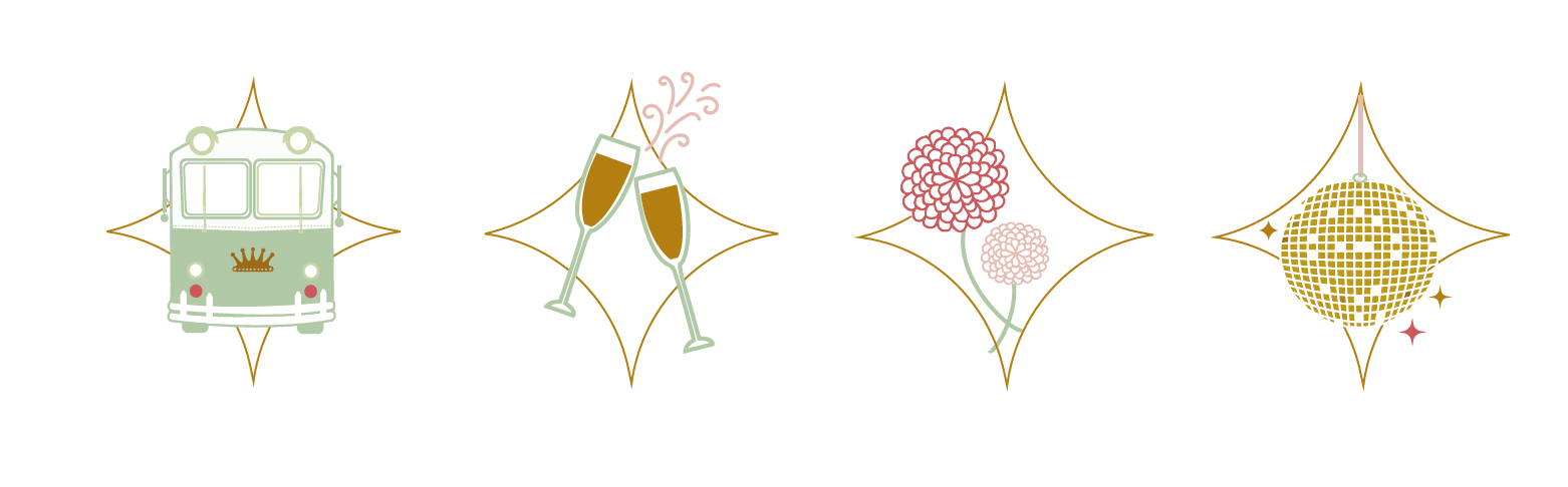A set of four icons with a bus , glasses of champagne , flowers and a disco ball.