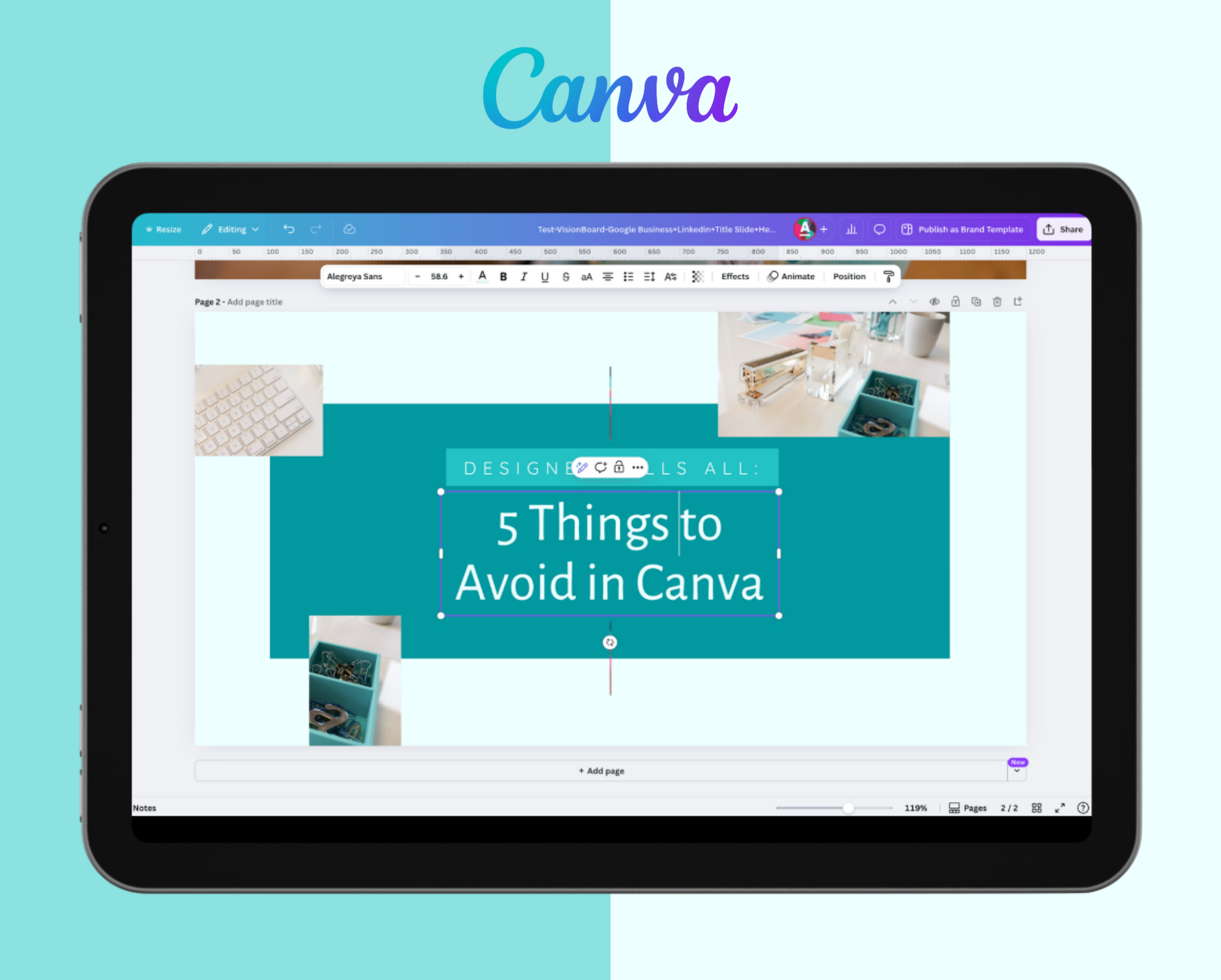 A tablet with a screen that says `` 5 things to avoid in canva ''.