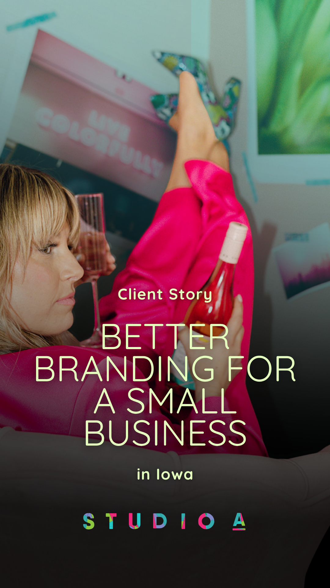 A person in a bright pink outfit holds a drink while reclining. Text overlays read 