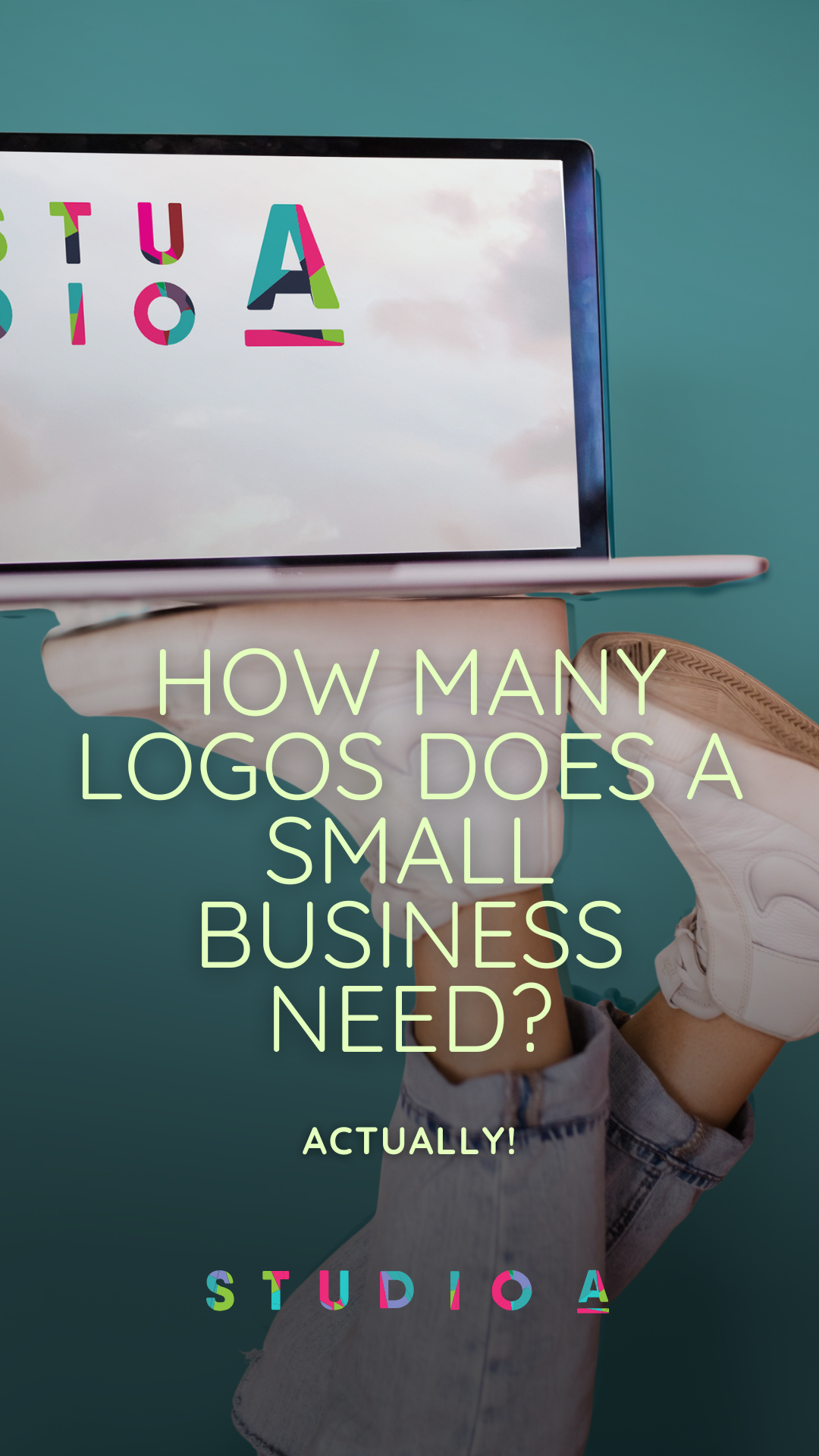 A laptop displaying a logo is held by someone wearing sneakers, with text: 