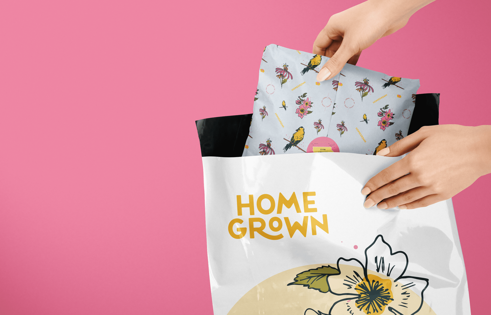 A person is putting something in a bag that says `` home grown ''.