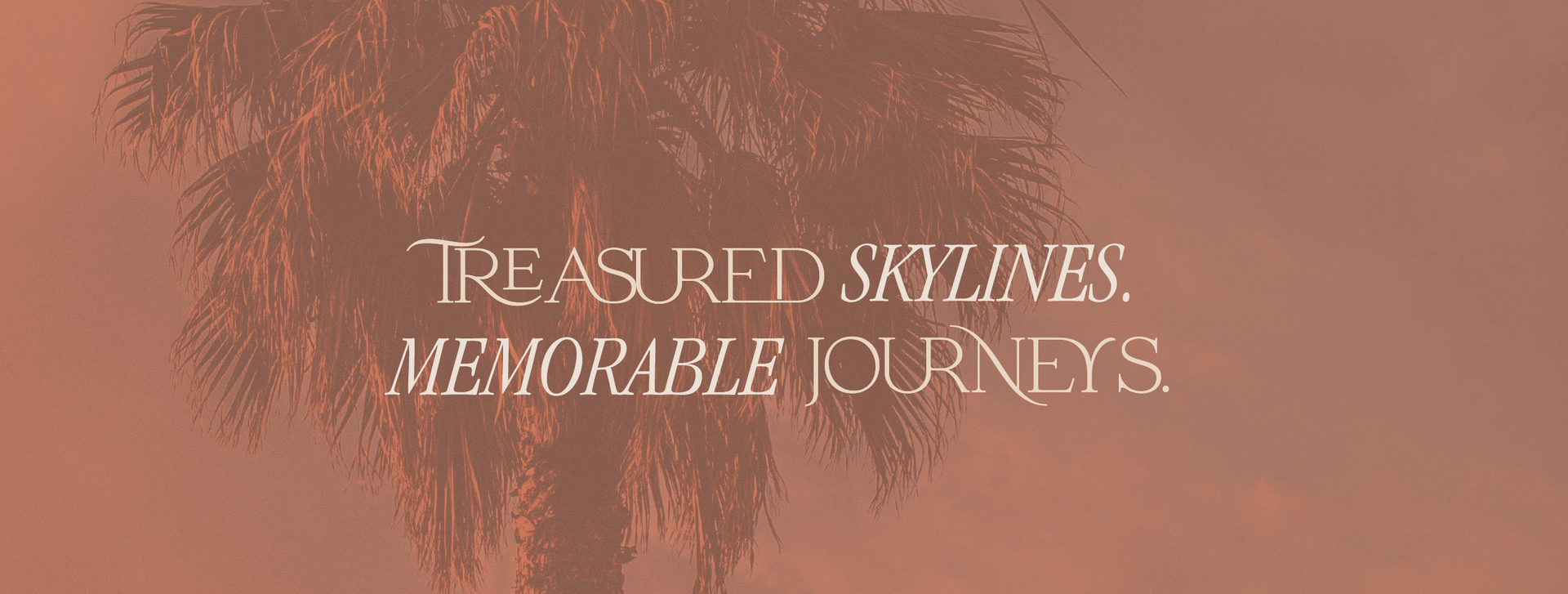 A picture of a palm tree with the words `` treasured skylines memorable journeys '' written on it.