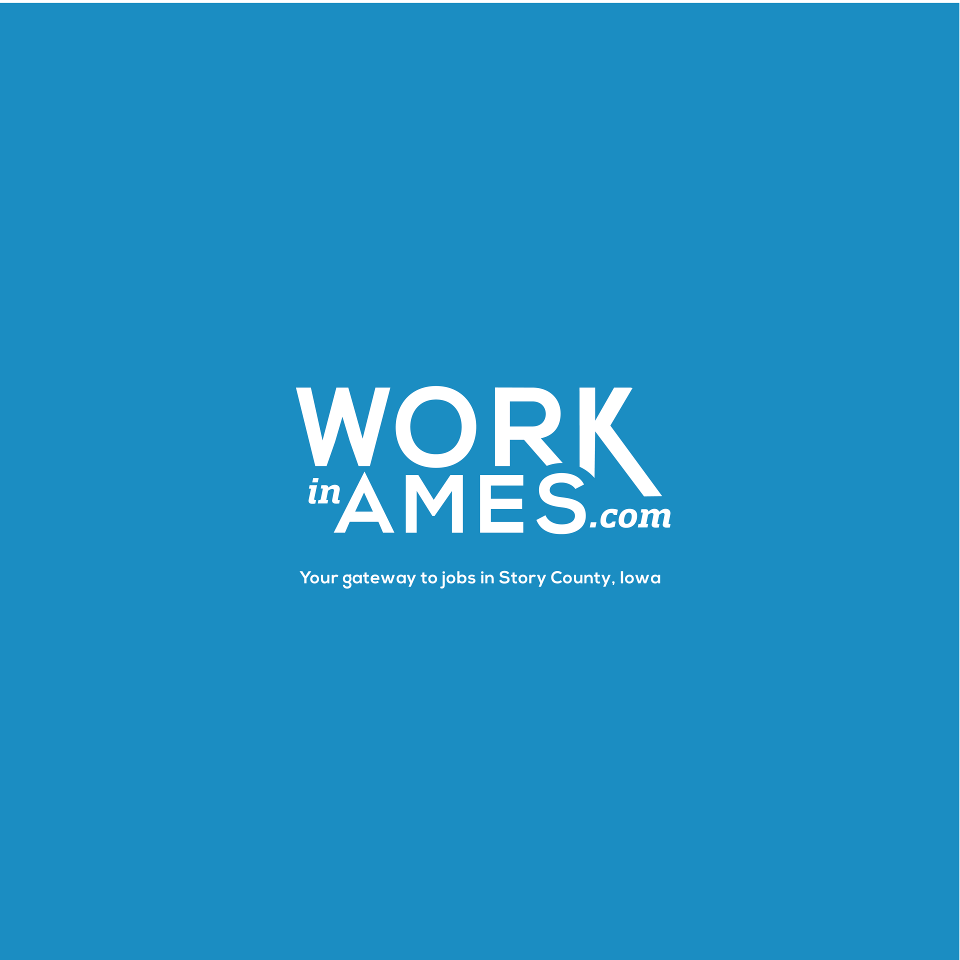 A blue background with the words work in ames.com on it