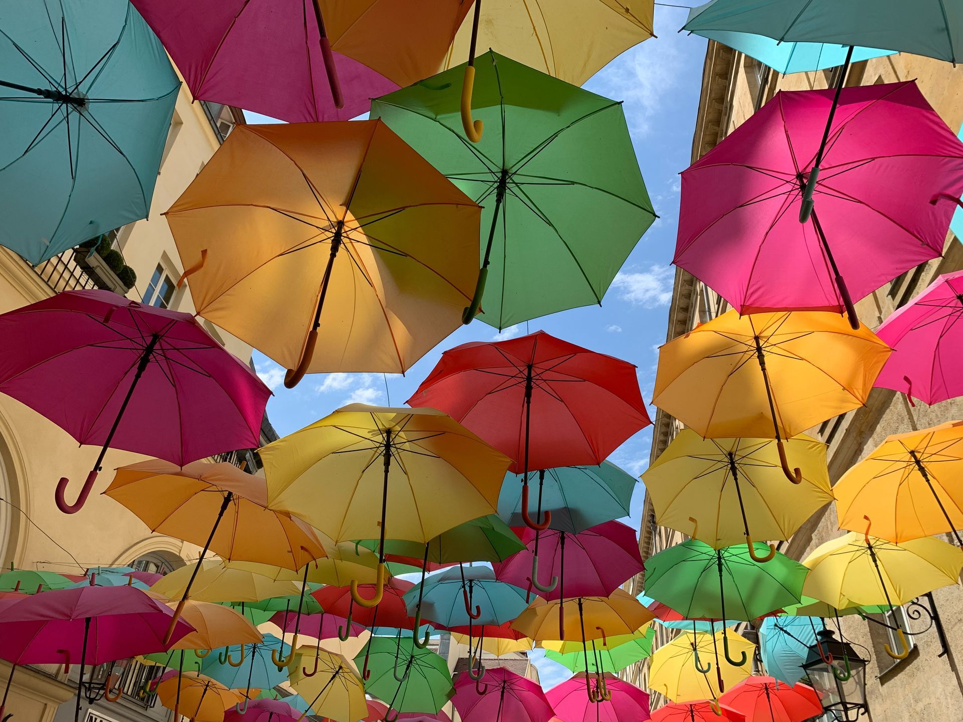 Colorful Umbrellas hanging outside