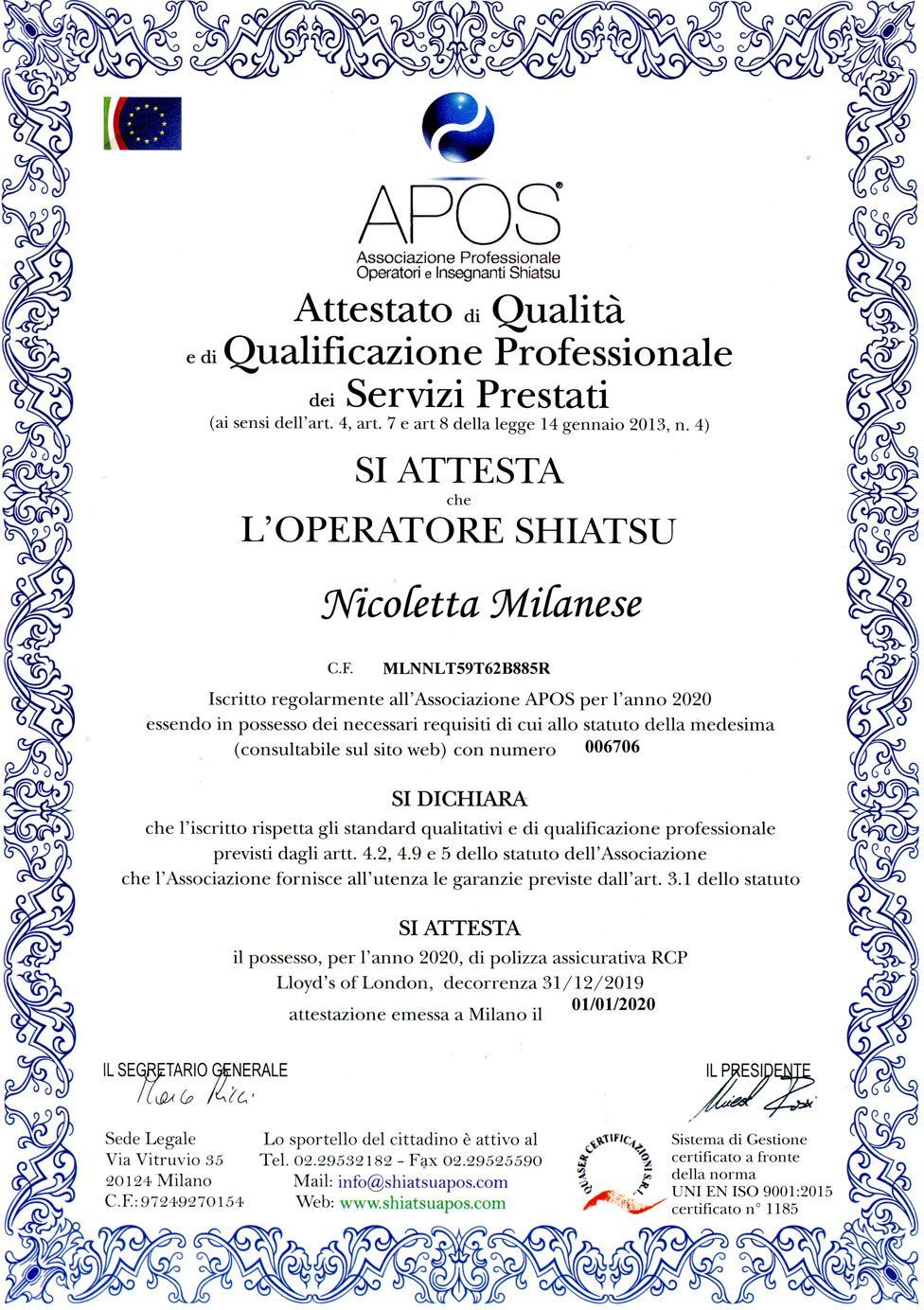 attestato Nicoletta Milanese