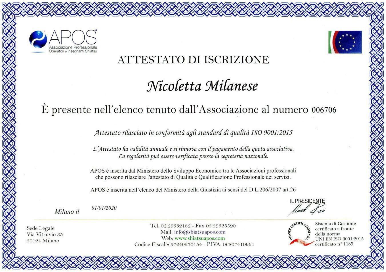 attestato Nicoletta Milanese