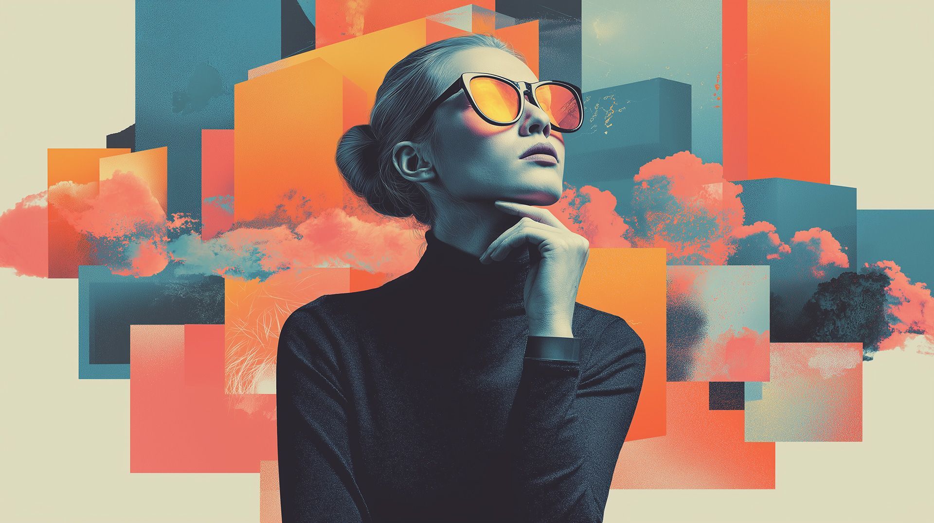 A woman wearing sunglasses is standing in front of a colorful background, deep in thought.