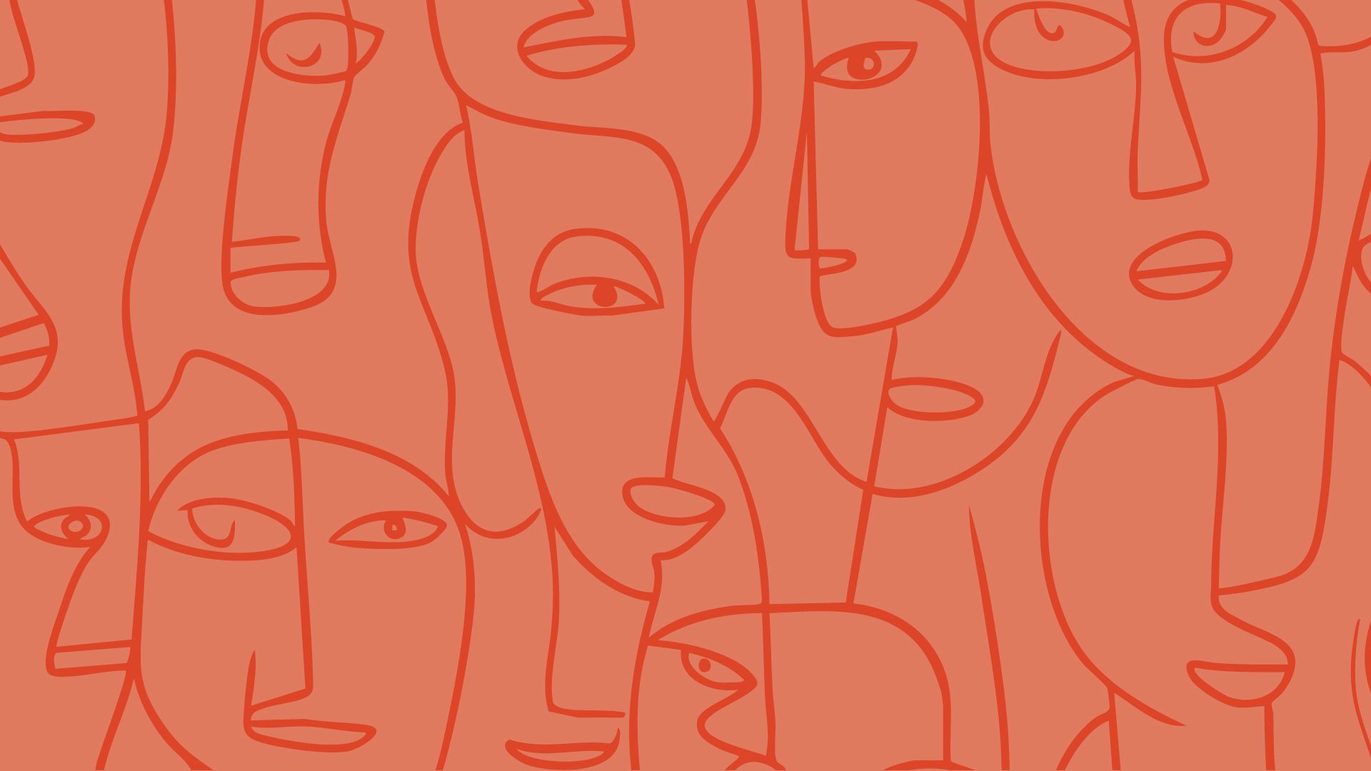 A seamless pattern of faces on a orange background.