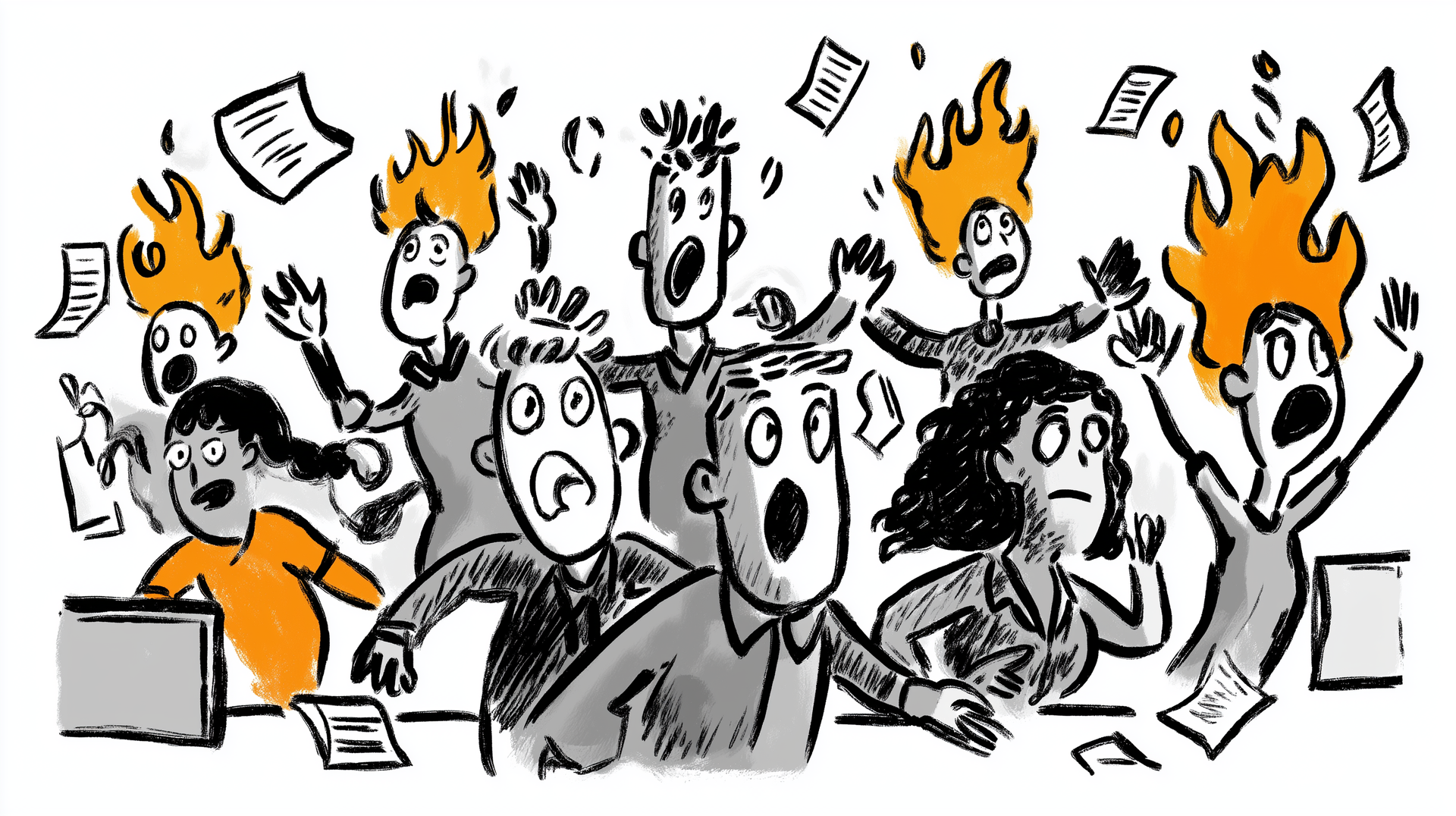 A cartoon of a group of people running around