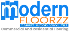 Modern Floorzz logo with blue and orange text, carpet, wood, and vinyl flooring services
