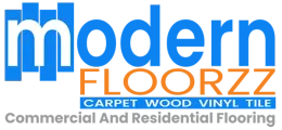 Modern Floorzz logo with blue and orange text, carpet, wood, and vinyl flooring services