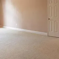 Empty beige carpeted room with a closed white door and light tan walls
