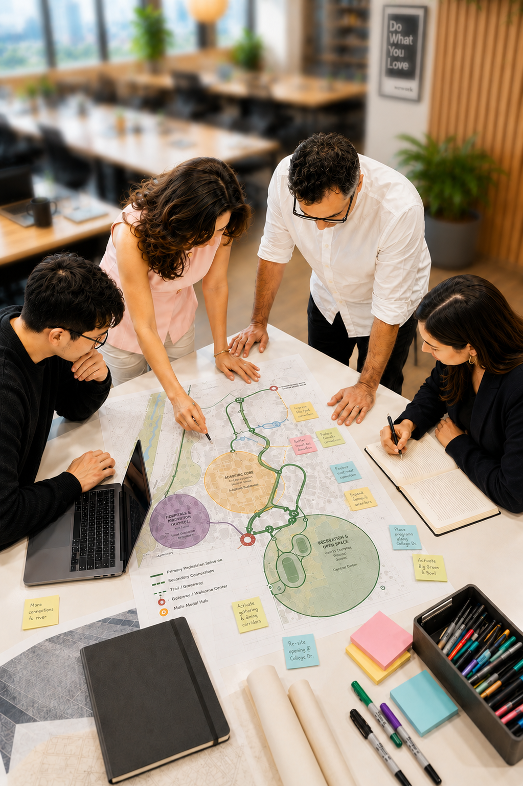 Team collaborating around a table, pointing at a colorful hand-drawn diagram in a bright office