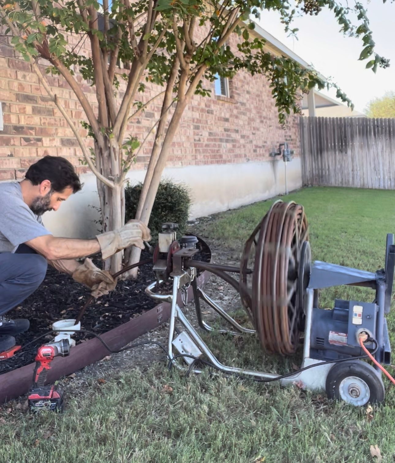 A man is working on a drain in a yard next to a tree.
