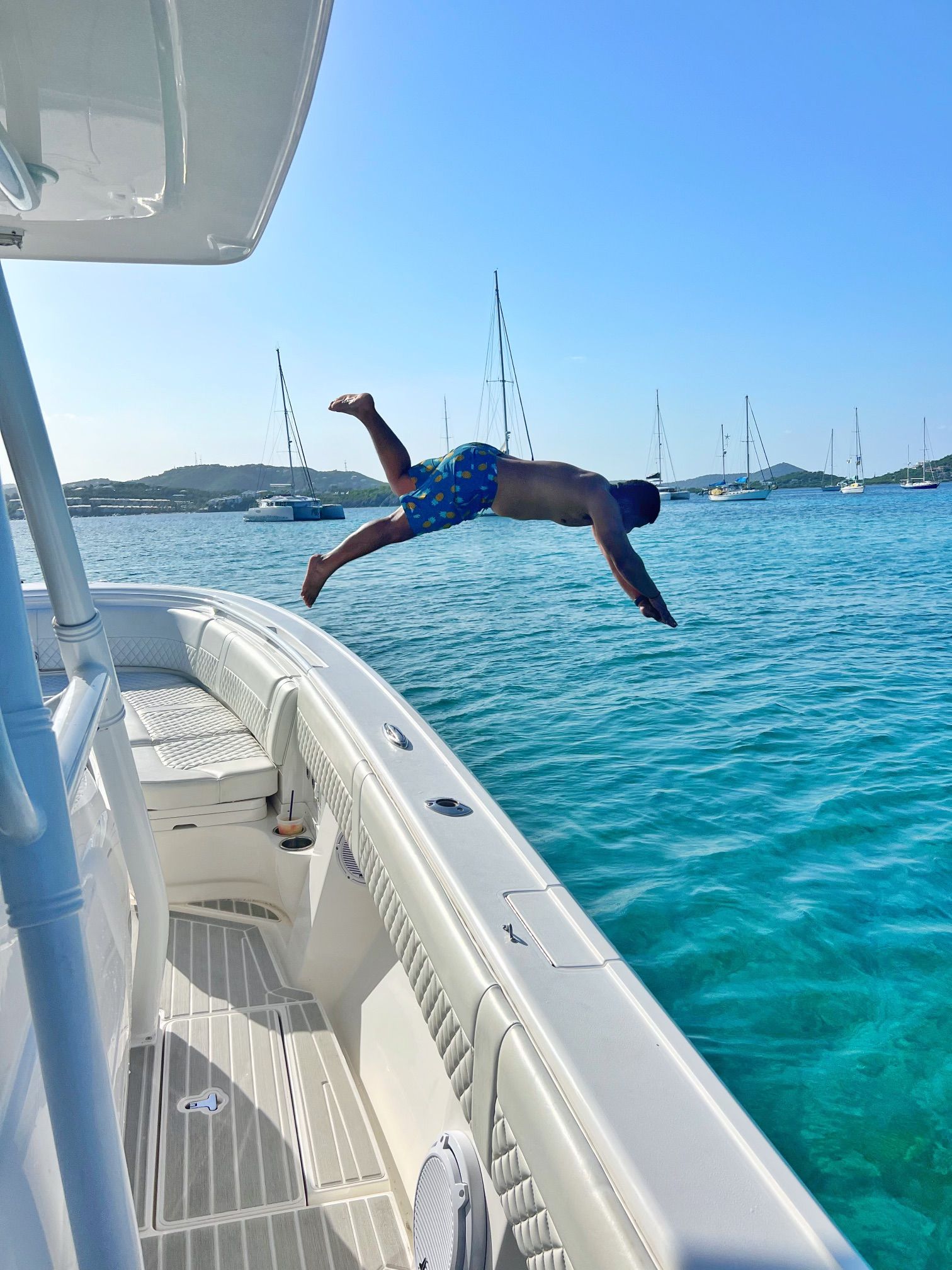 A man is jumping into the water from a boat.