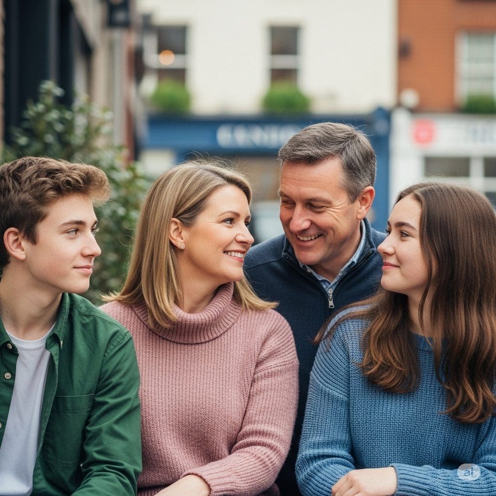 Girl smiling, resting chin on hands, with parents blurred in background.