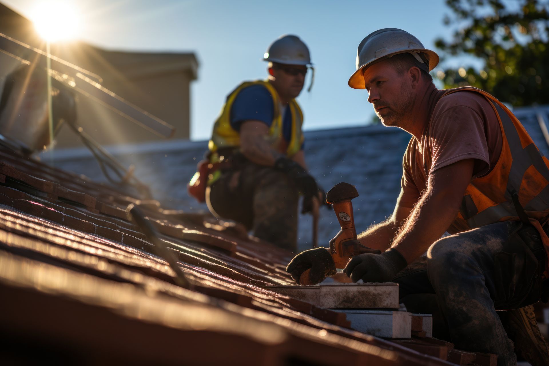 Two construction workers installing roof tiles at construction building.