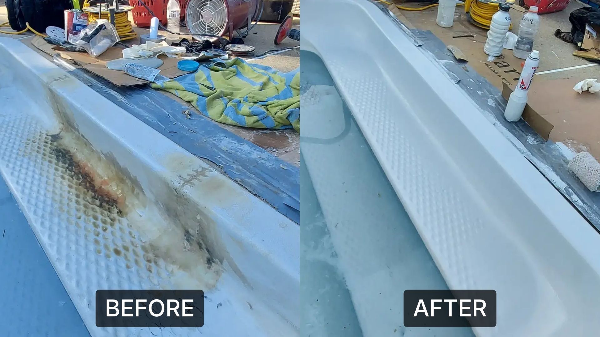 A split screen showing a stained, dirty white fiberglass pool step before and after being cleaned to a bright white finish.