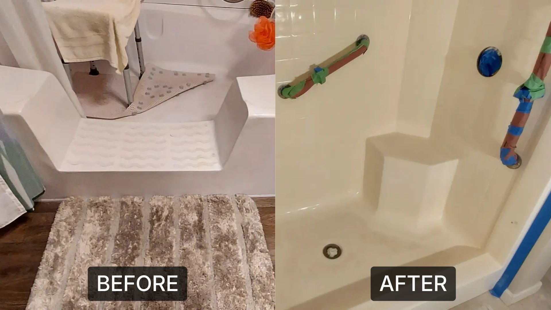 Before-and-after photos of a bathroom shower renovation featuring a new built-in seat and grab bars for accessibility.