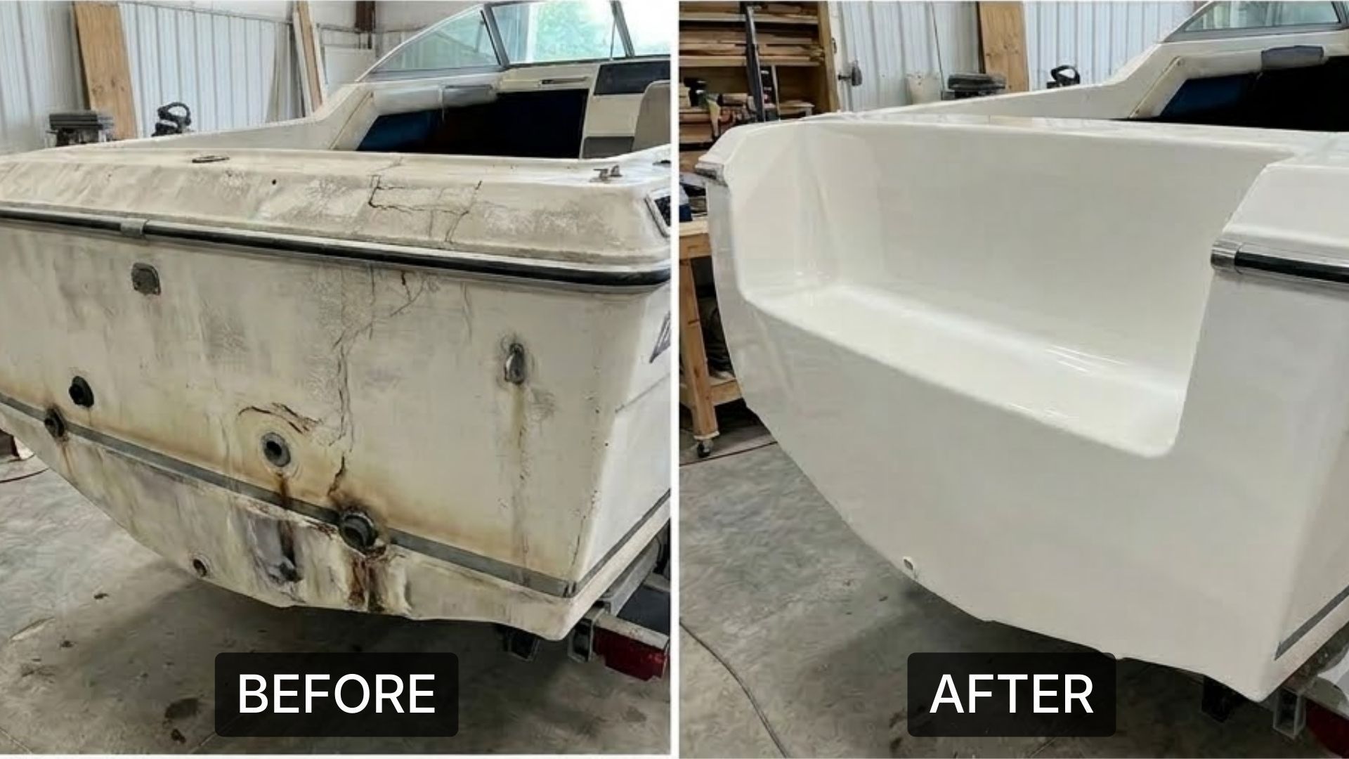 Before and after comparison of a boat transom, showing a heavily damaged, stained surface restored to a smooth, white finish.