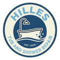 Circular logo for Hilles Tub and Shower Repair, established 2005, featuring a white bathtub icon on a dark blue background.