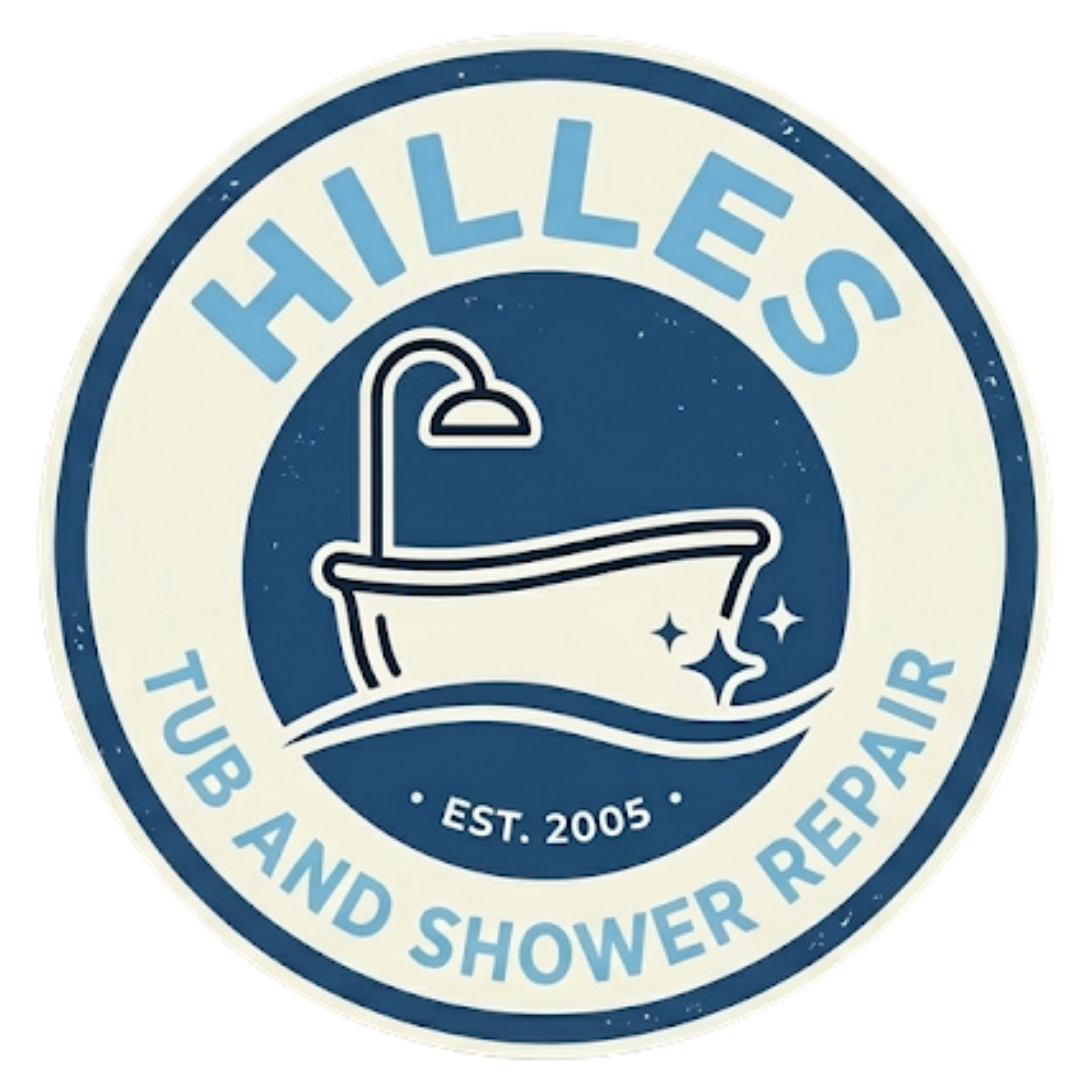 Circular logo for Hilles Tub and Shower Repair, established 2005, featuring a white bathtub icon on a dark blue background.