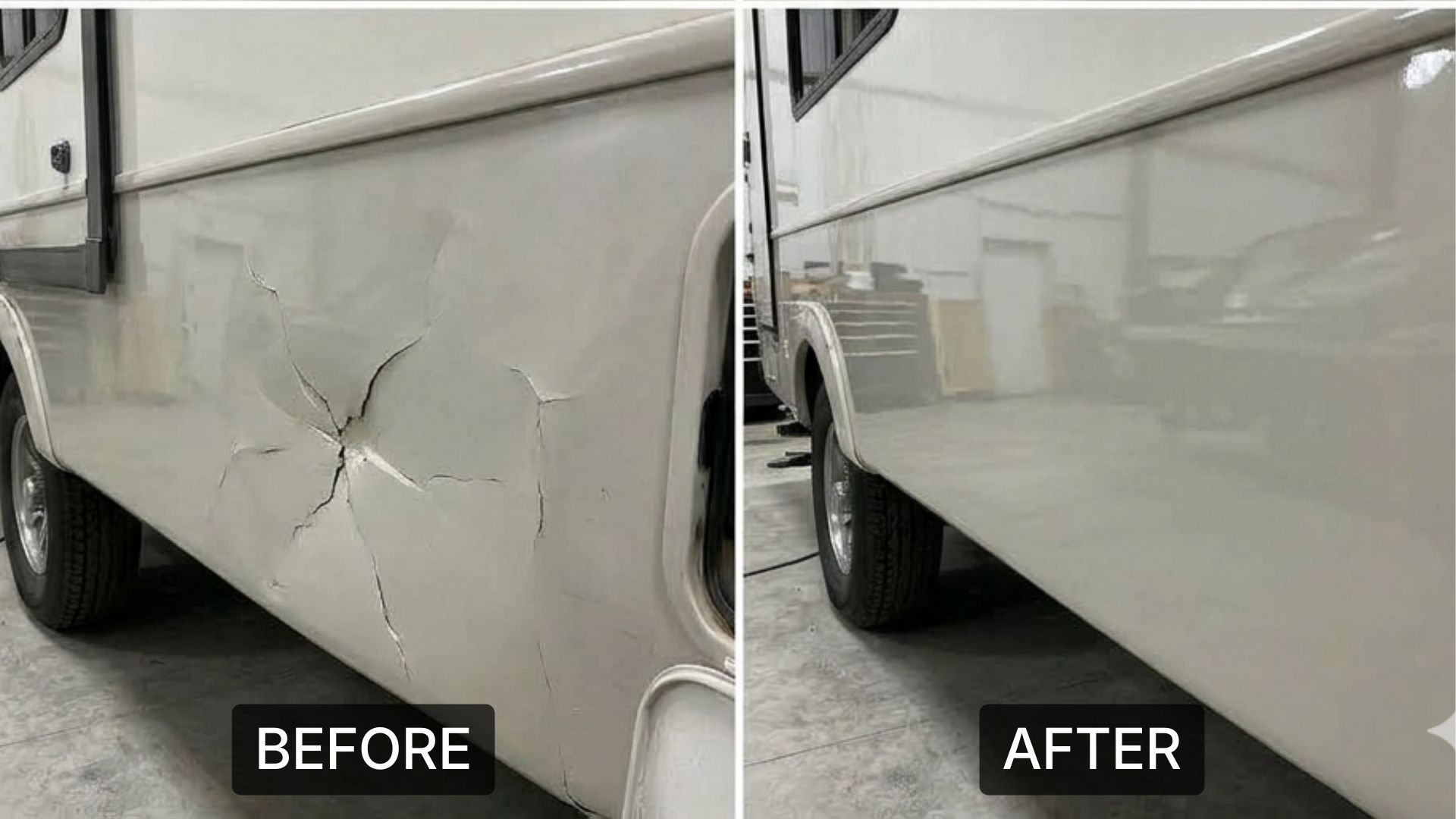 A before-and-after comparison showing the successful repair of a large crack and dent on the side of a white RV.