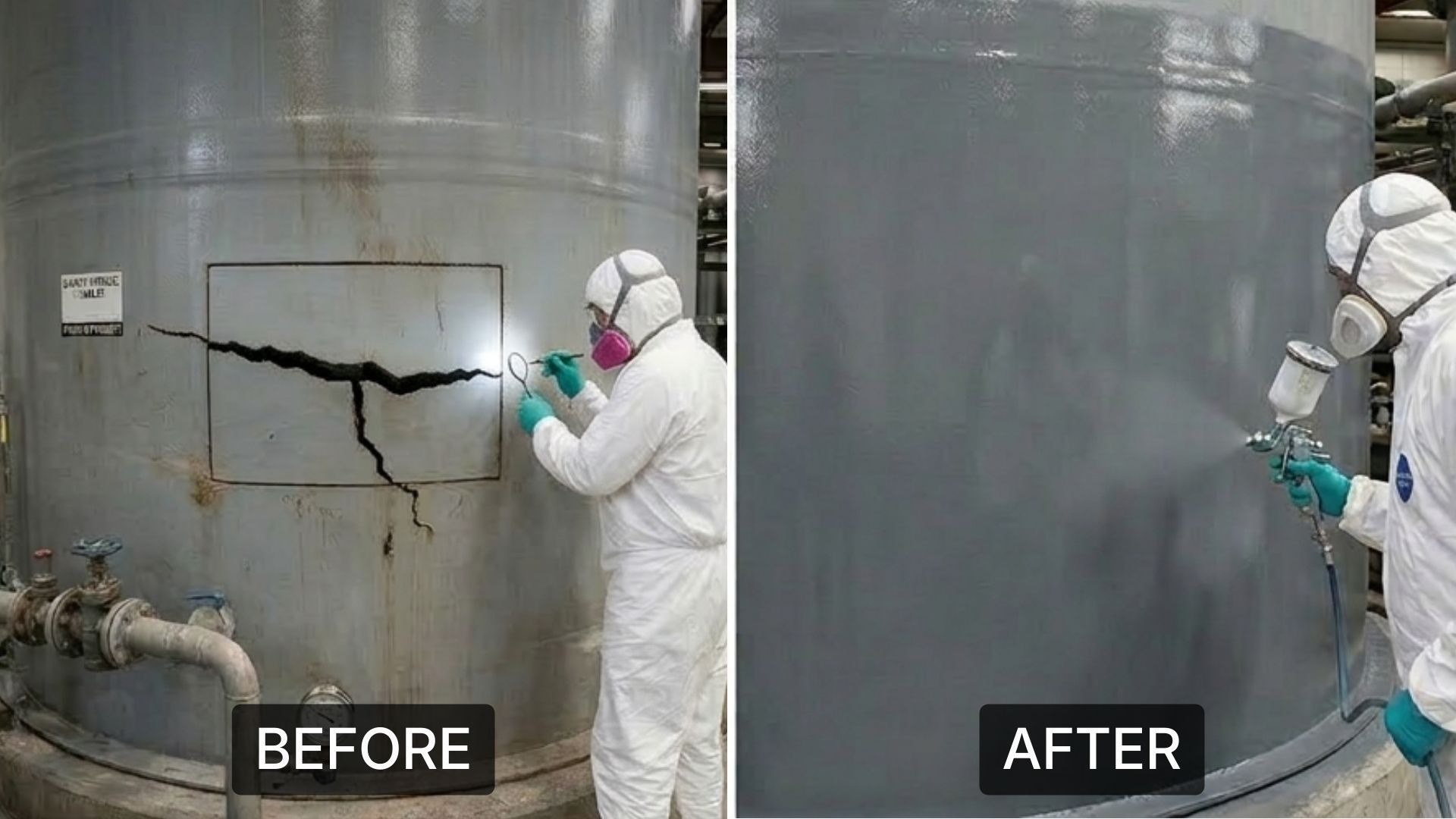 A worker in protective gear repairing a large crack on a gray industrial tank, before and after a fresh coat of paint.