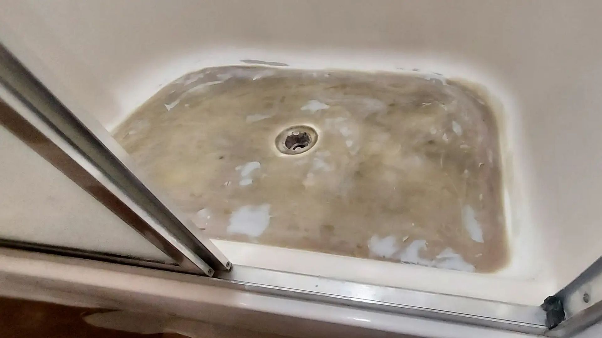 A shower stall floor containing standing, murky, discolored water pooled around the drain.