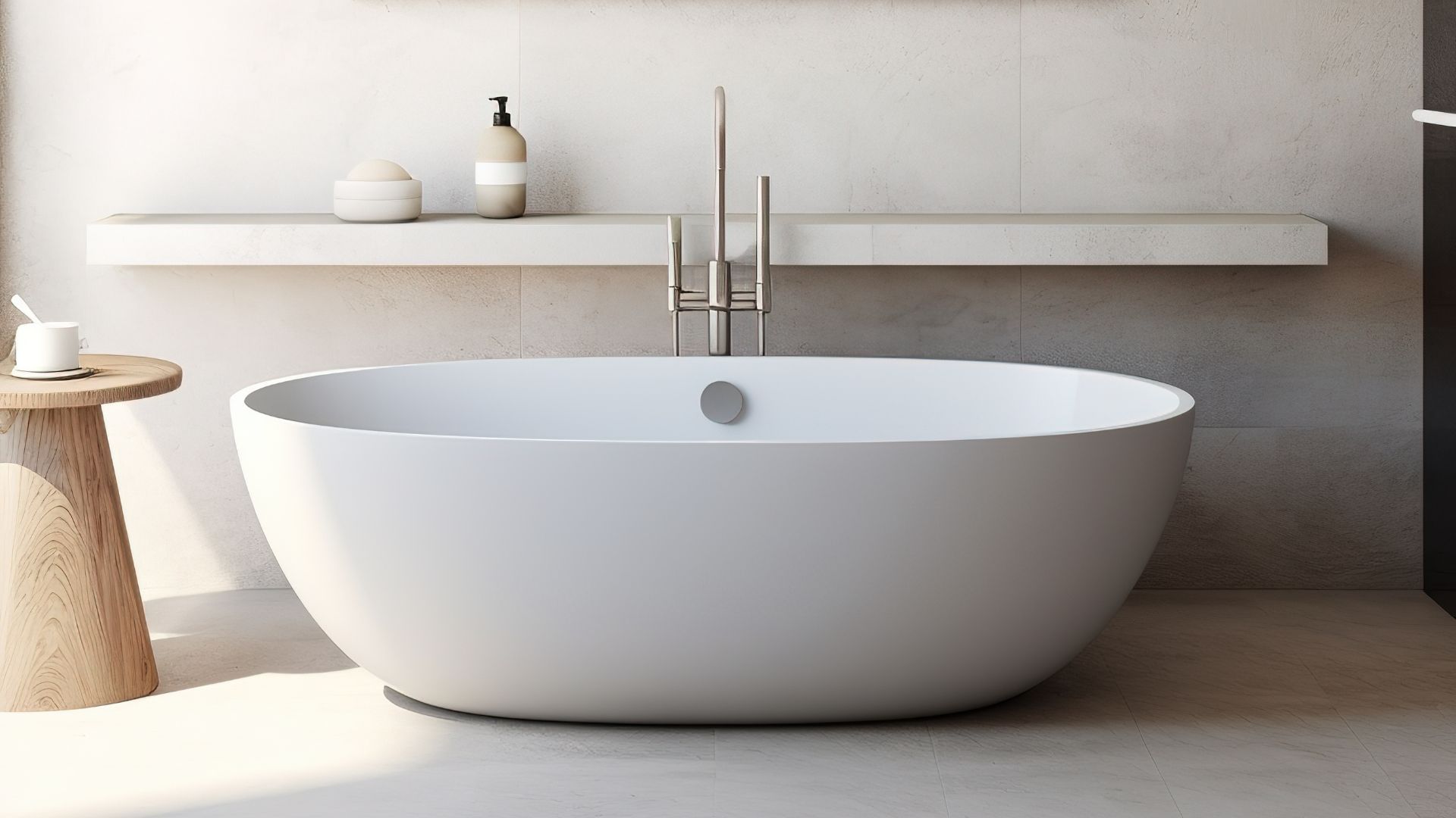 A white, oval freestanding bathtub centered in a modern, minimalist bathroom with a floating shelf and neutral tile walls.