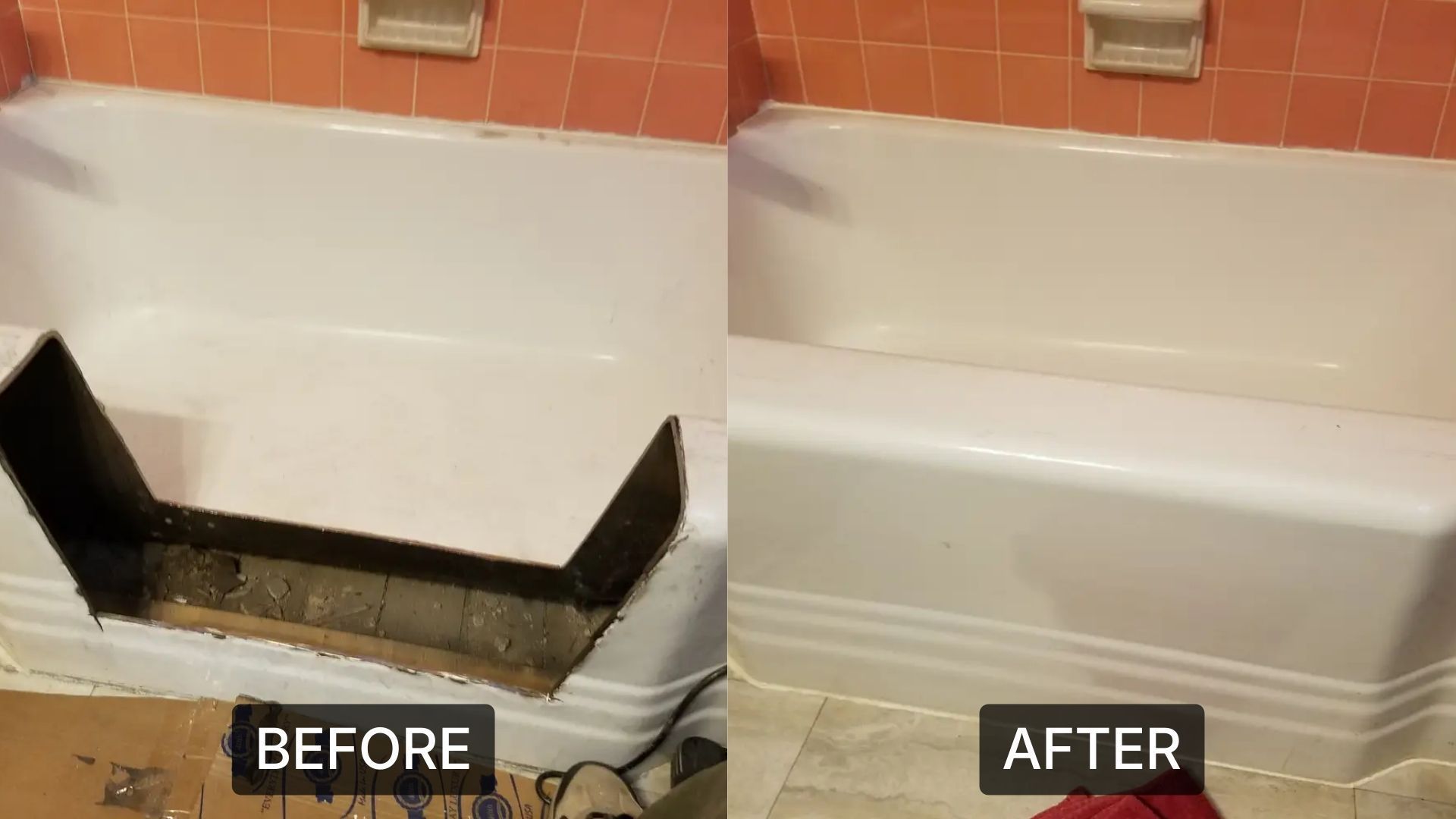 A before-and-after comparison of a bathtub undergoing a walk-in conversion by cutting and sealing a section of the side.
