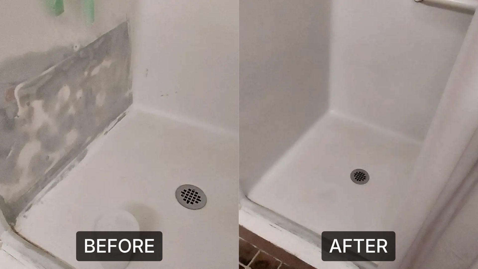 A side-by-side comparison of a shower base, showing the messy area before repair on the left and clean, finished look right.