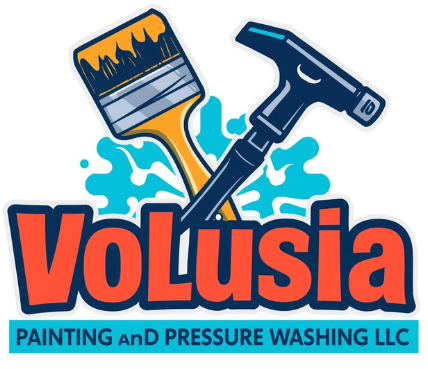 Logo for Volusia Painting and Pressure Washing LLC featuring a paintbrush and pressure washer nozzle crossed over blue.