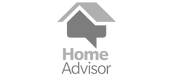 A black and white logo for a home advisor with a house and a speech bubble.