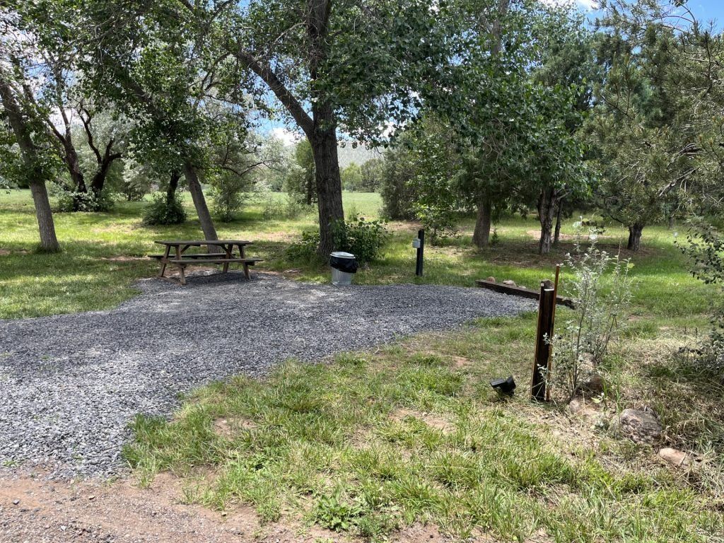 Gravel campsite with picnic table, trees, and trash can. Green grass surrounds the area.