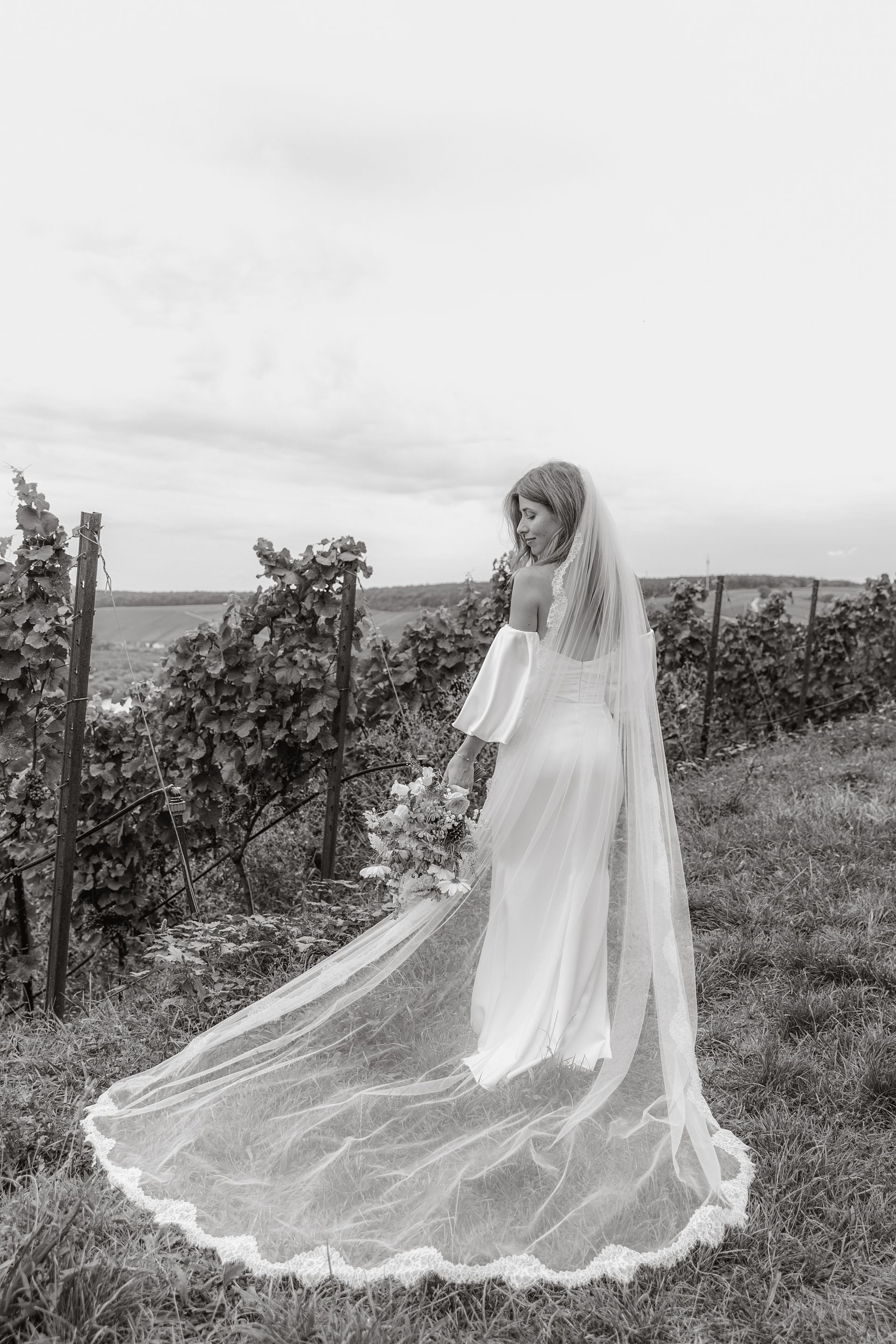 A bride in a wedding dress and veil is standing in a vineyard.