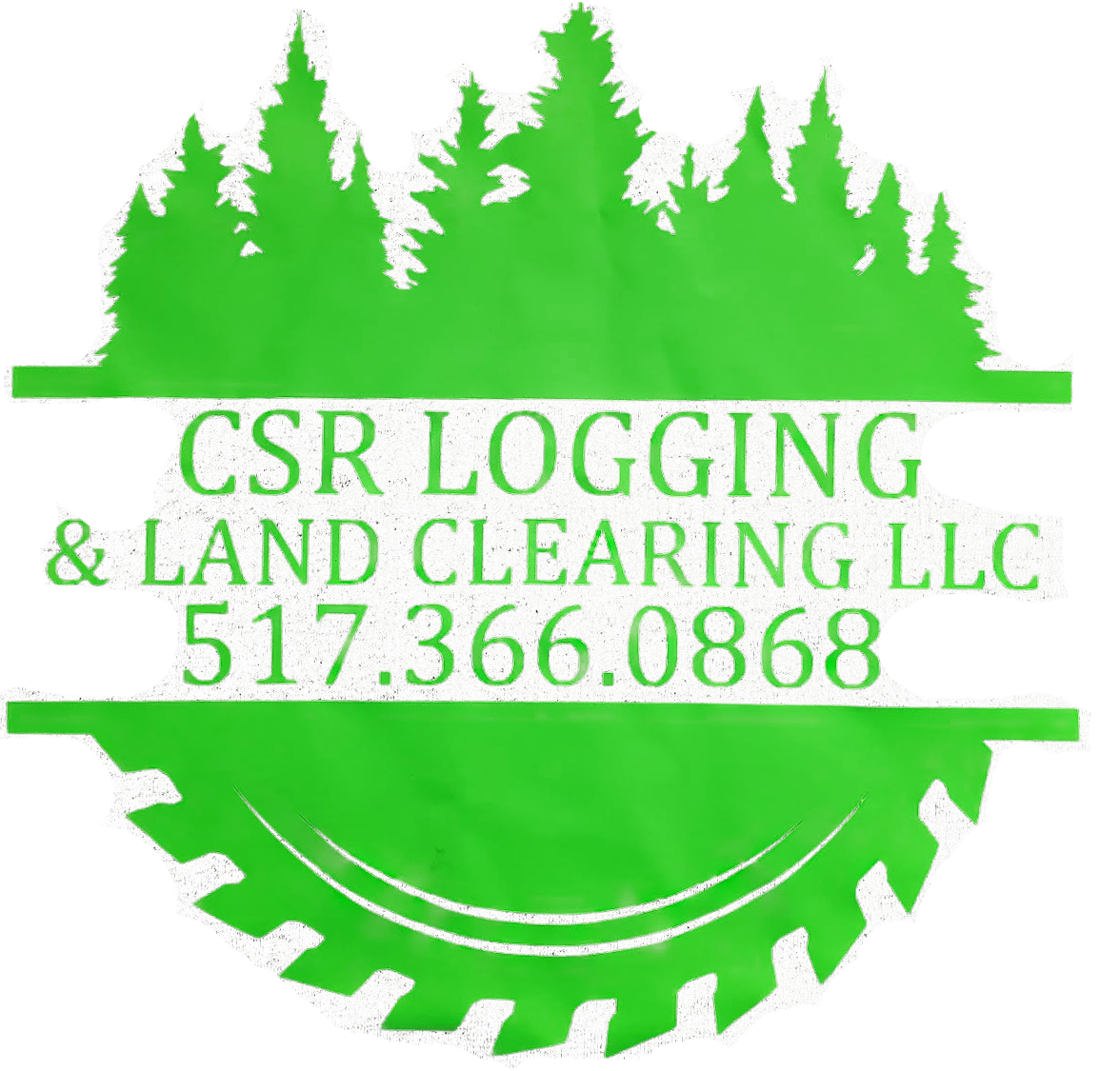 Green CSR Logging & Land Clearing LLC logo with trees and a saw blade. Phone number: 517.366.0868.