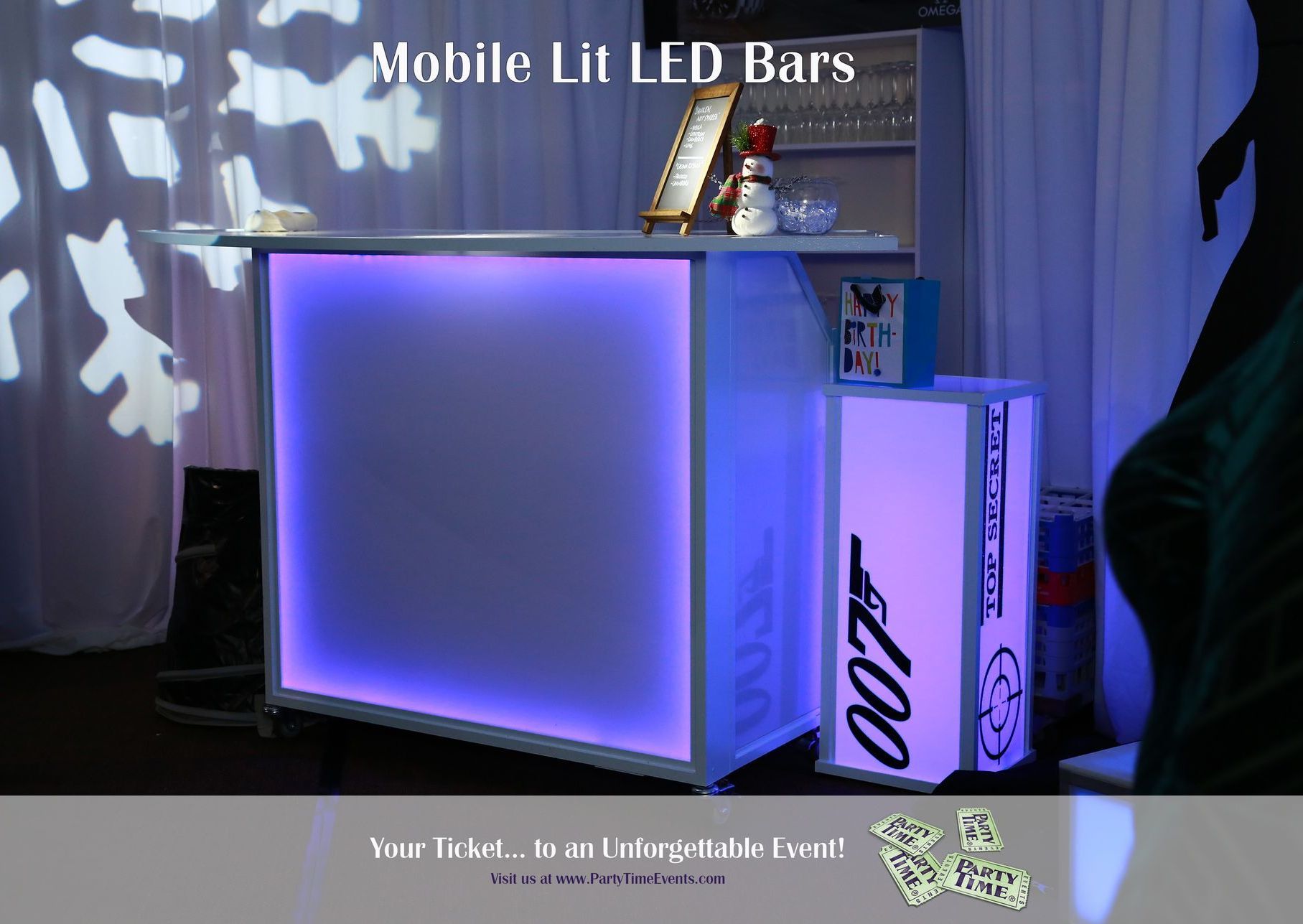 A mobile lit led bar with the number 007 on it