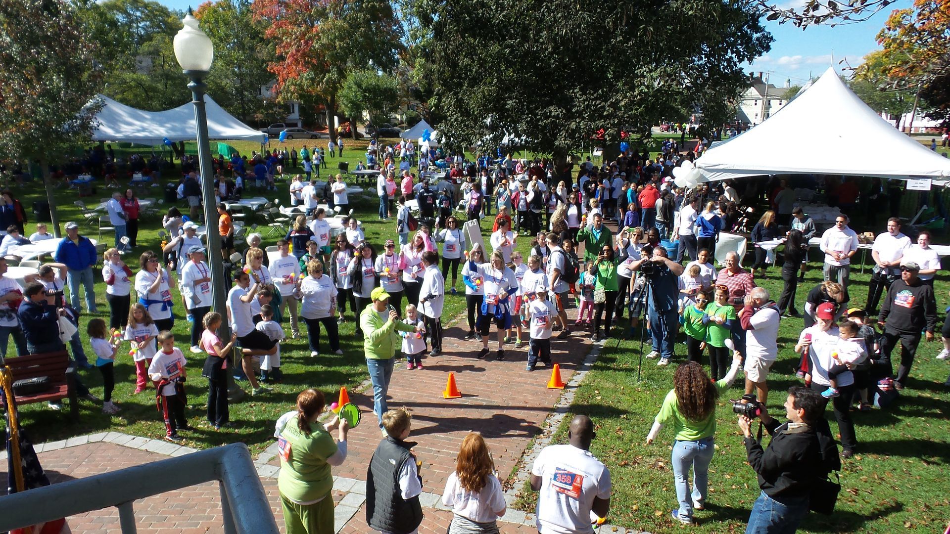 A large group of people are dancing in a park