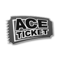 A black and white logo for ace ticket on a white background.