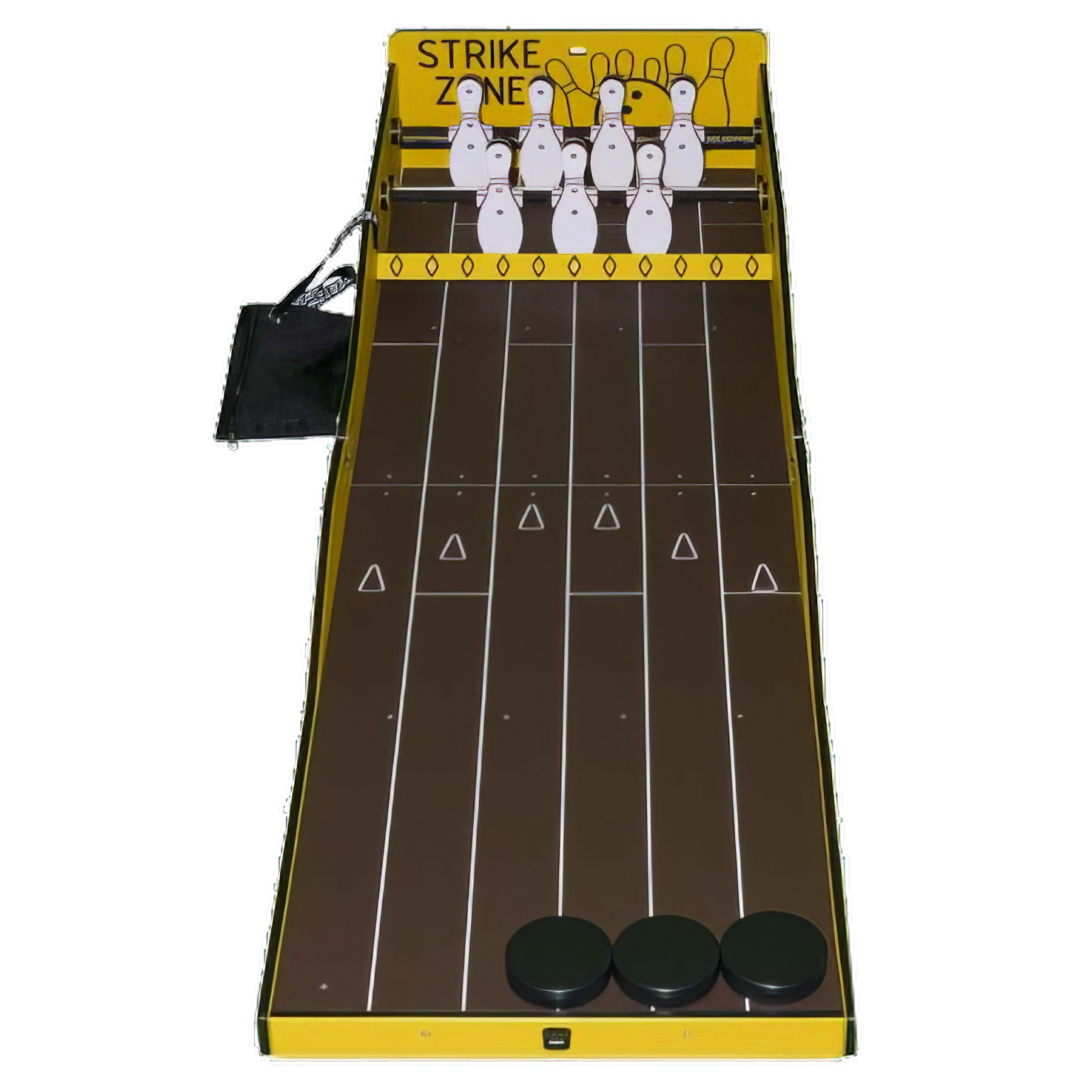 A bowling alley with a yellow sign that says strike