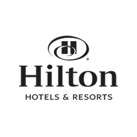 The logo for hilton hotels and resorts is black and white.