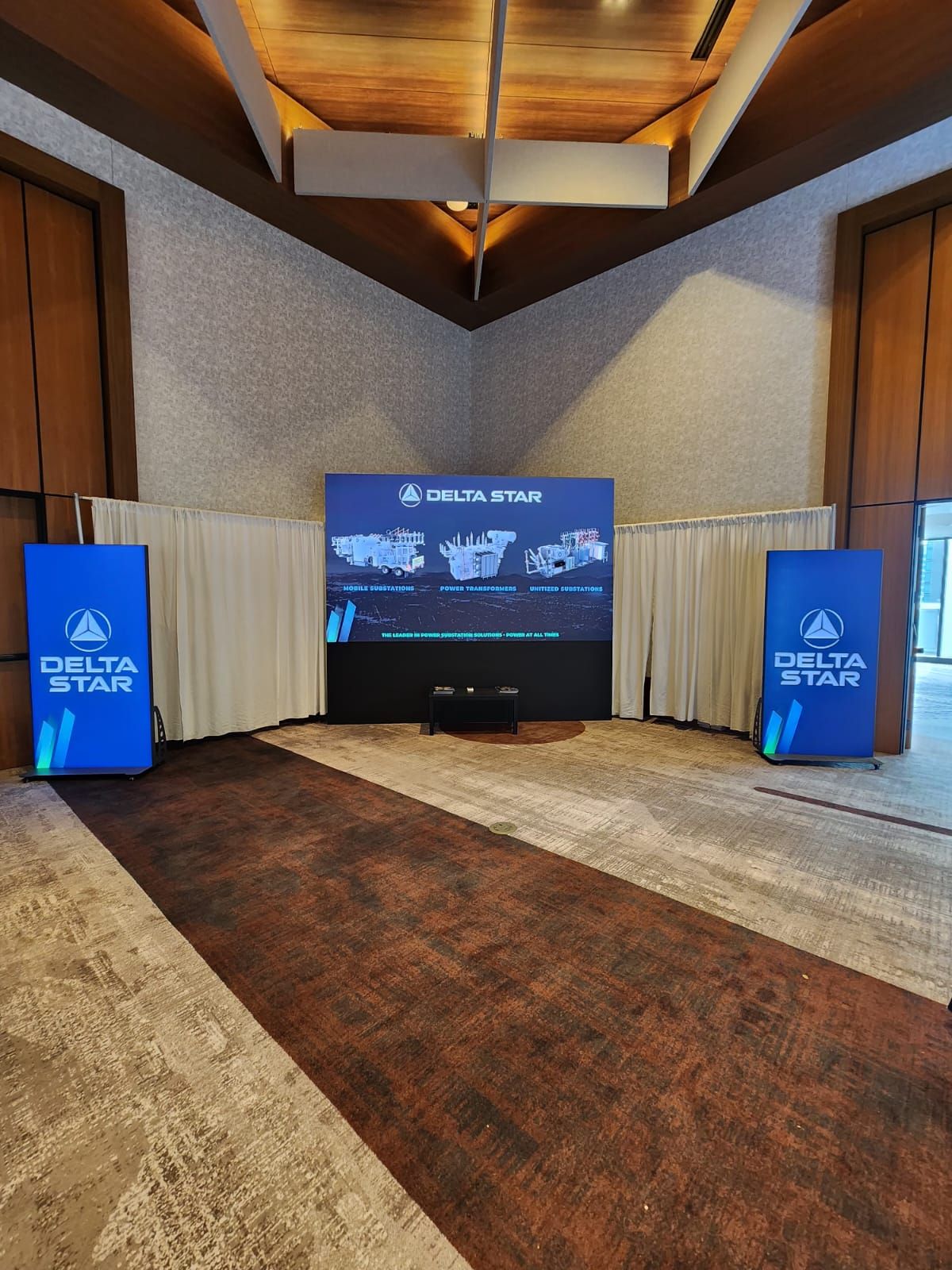 Trade Show LED Screen  and LED Wall Rental showing two LED video Posters and one large LED Wall