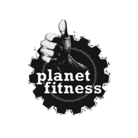 A black and white logo for planet fitness with a hand giving a thumbs up