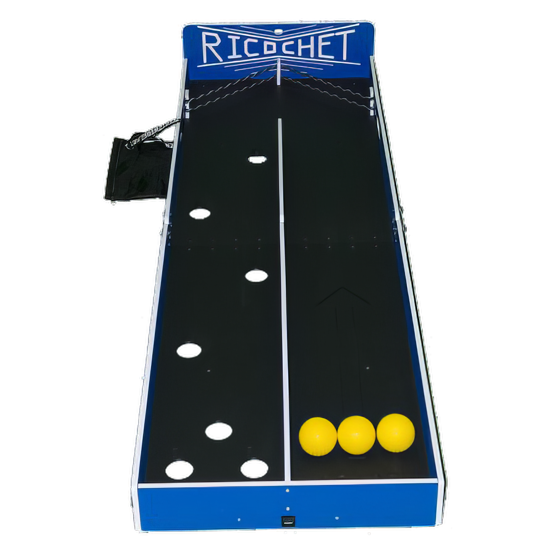 A blue and black game called ricochet with three yellow balls