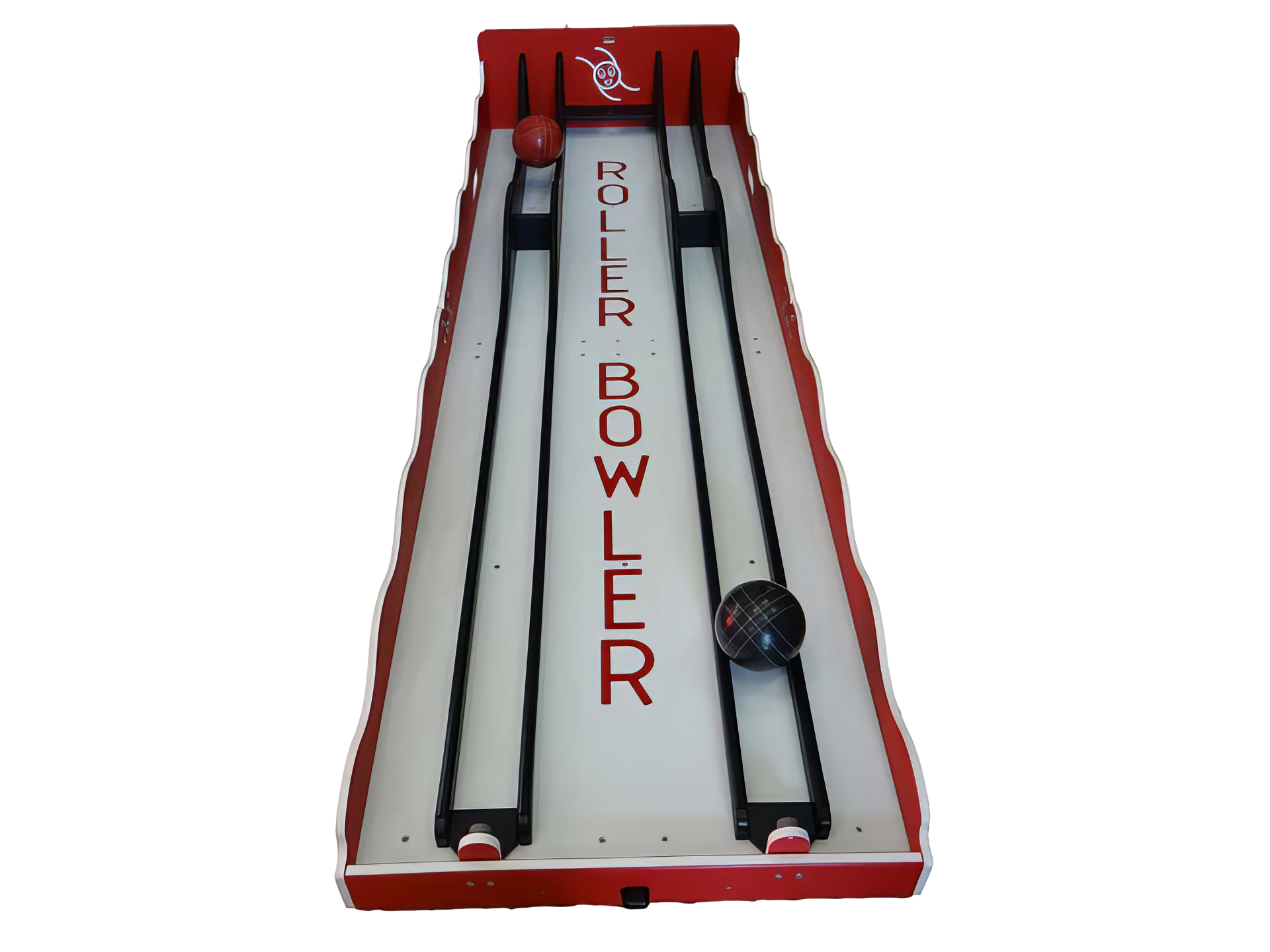 A roller bowler game that is red and white