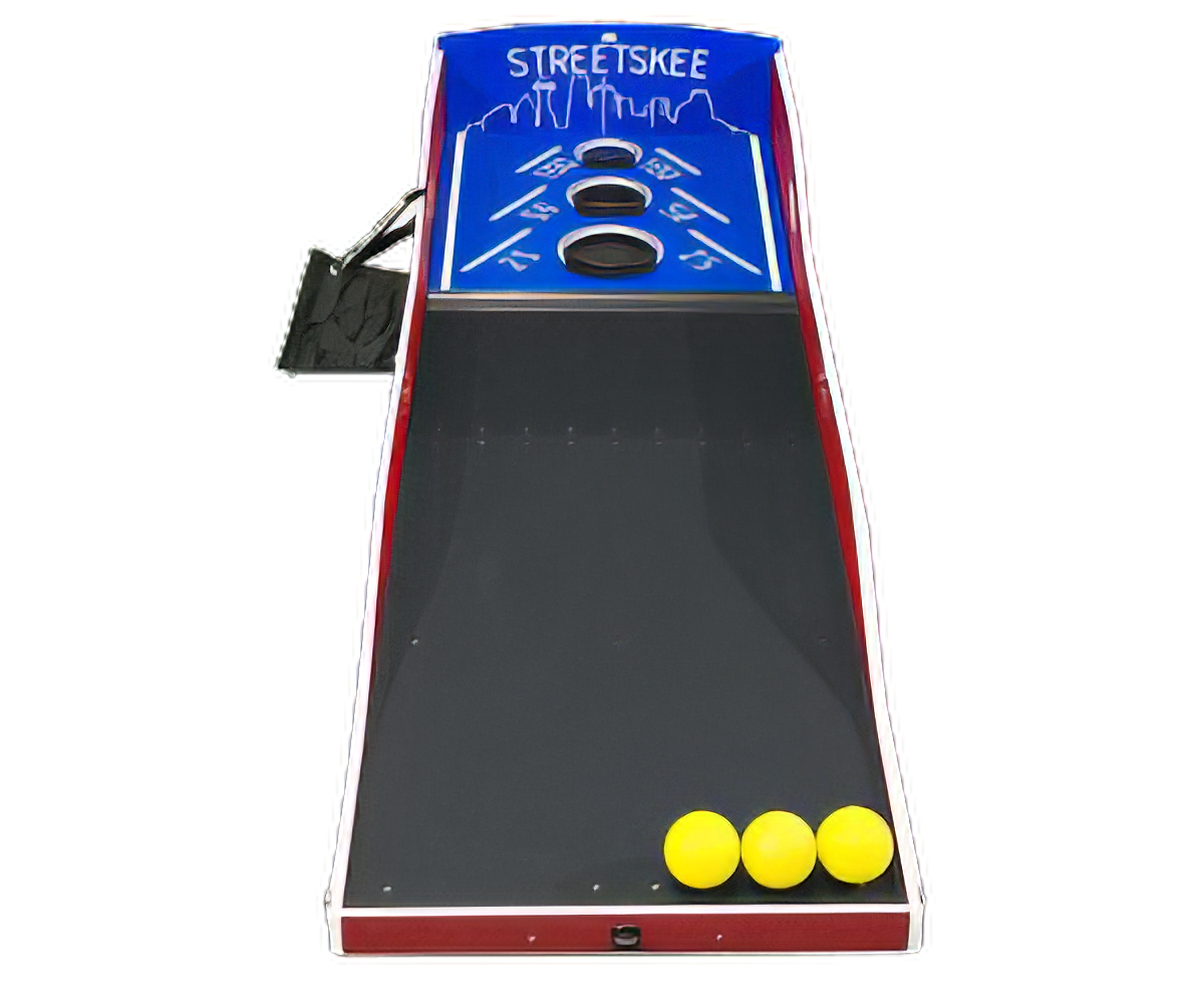 A streetskee game with three yellow balls on a white background.