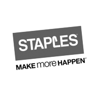 The staples logo is black and white and says `` make more happen ''.