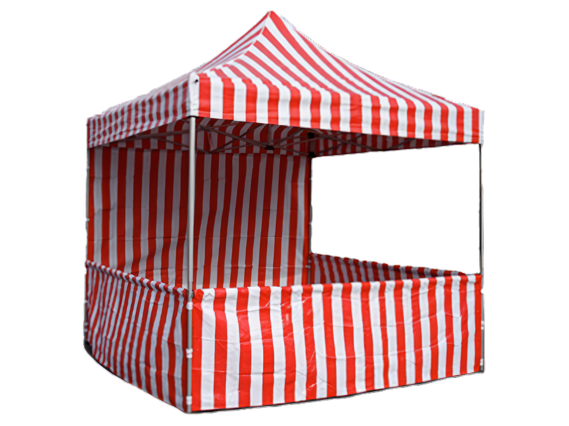 A red and white striped tent with a window on a white background.