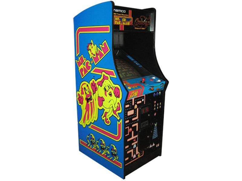 A blue and black arcade machine with pac man on it